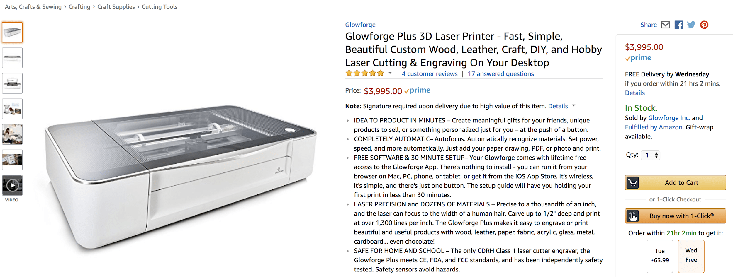 Glowforge for sale on Amazon