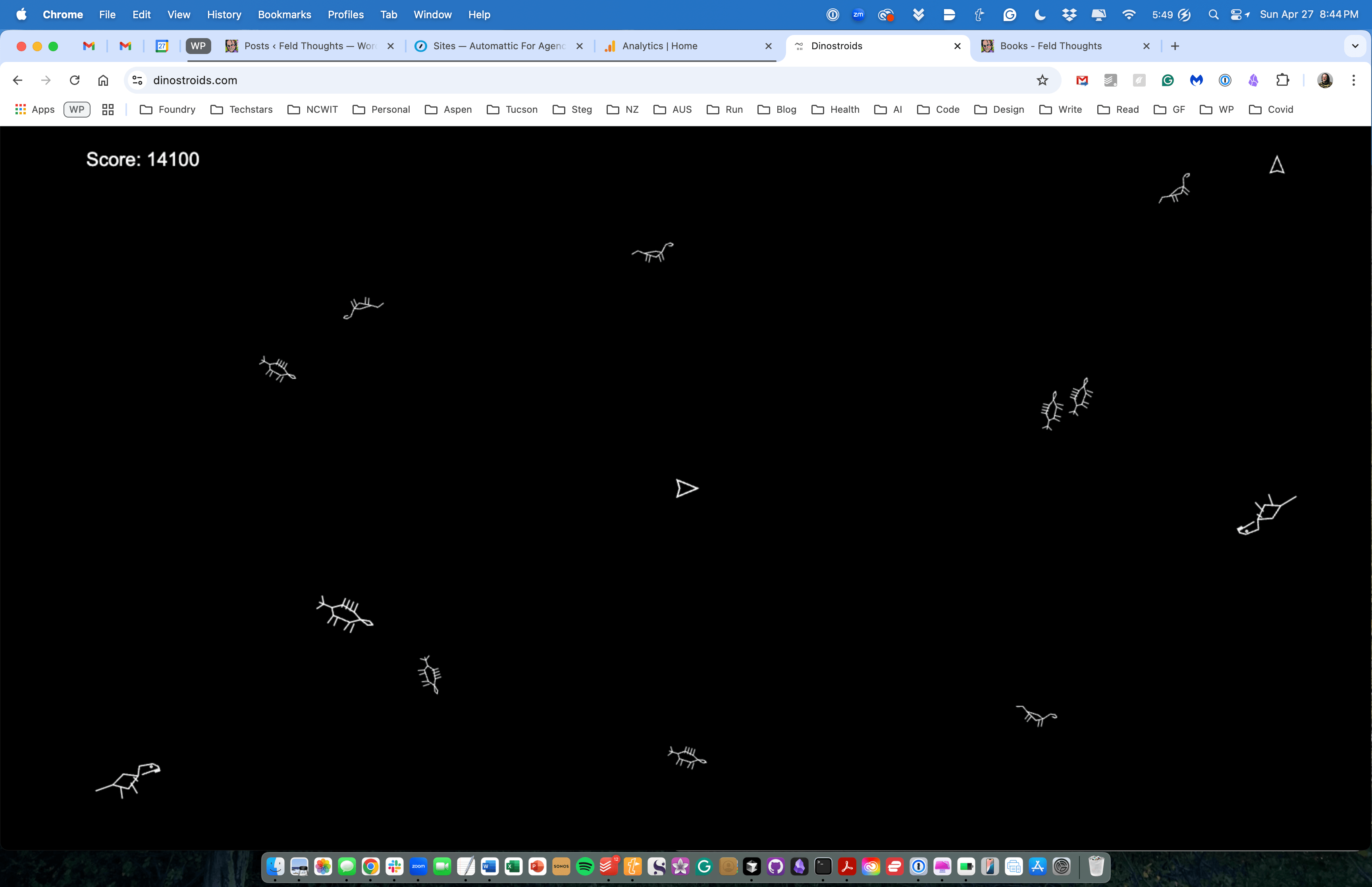 A black screen displaying an online game interface with white dinosaur skeletons scattered across the canvas, including a score indicator showing 14100.