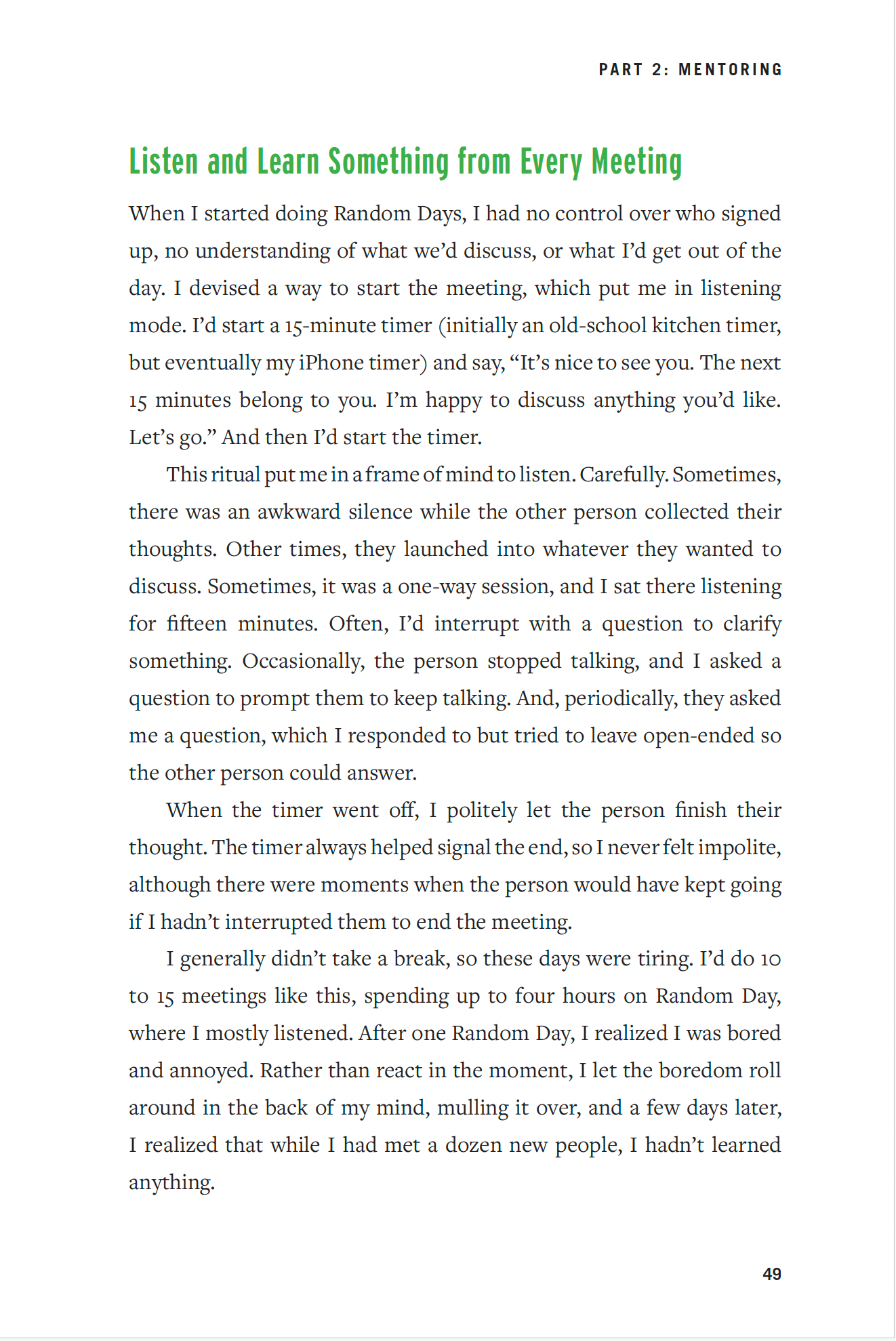 A page from a book titled &lsquo;Listen and Learn Something from Every Meeting&rsquo; discussing the concept of Random Days and the author&rsquo;s approach to listening during short meetings.