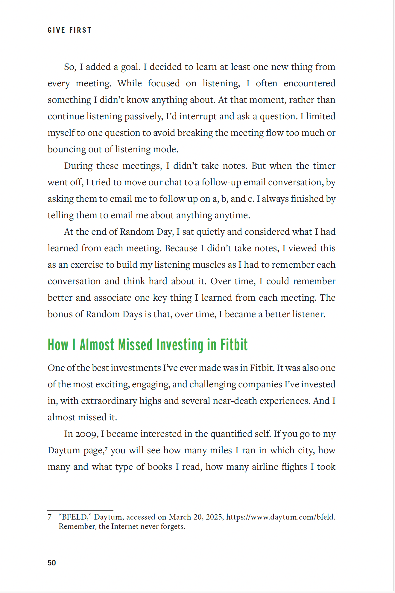 Page from the book titled &lsquo;Give First&rsquo; discussing the author&rsquo;s goal to learn something new from each meeting.