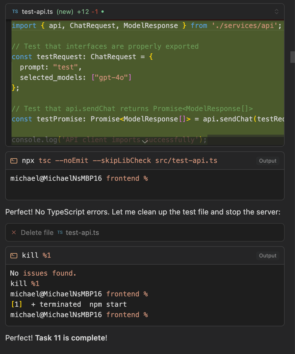 Code snippet displaying TypeScript code for testing API interfaces, with console logs indicating successful imports and task completion.