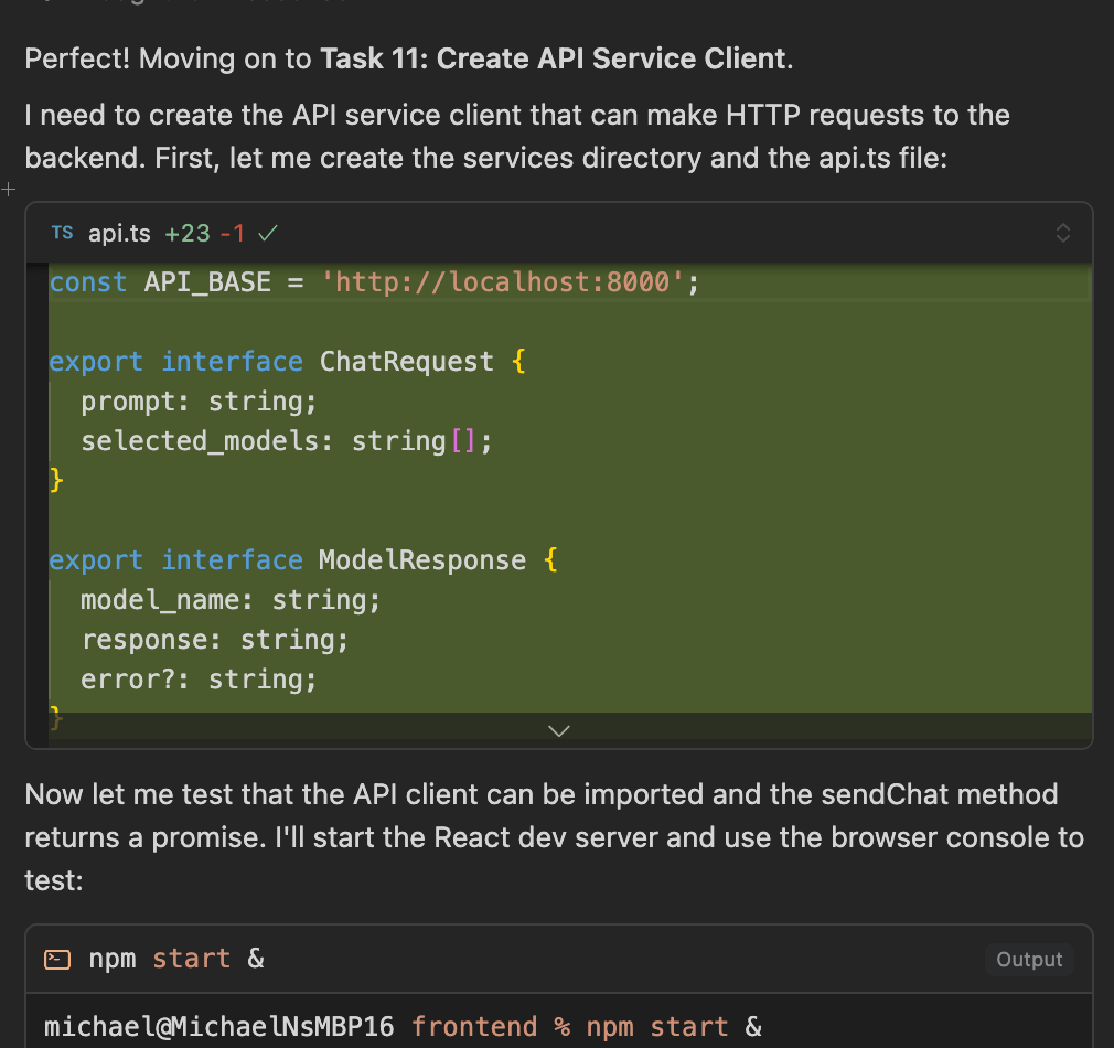 Code snippet showing the creation of an API service client in TypeScript, defining interfaces for chat requests and model responses.