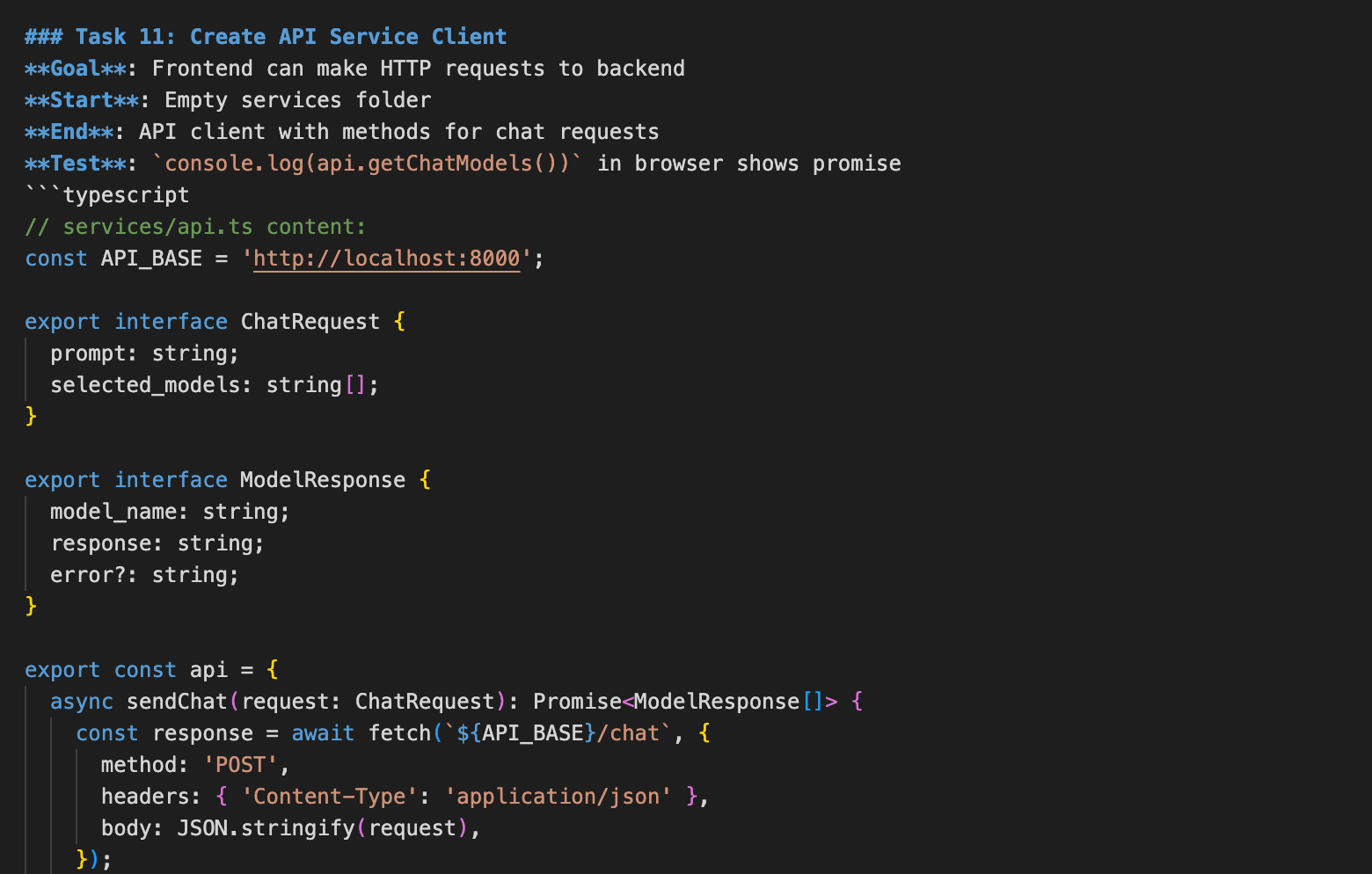 Code snippet showing a Task to create an API service client in TypeScript, including definitions for ChatRequest and ModelResponse interfaces and an asynchronous function to send chat requests.