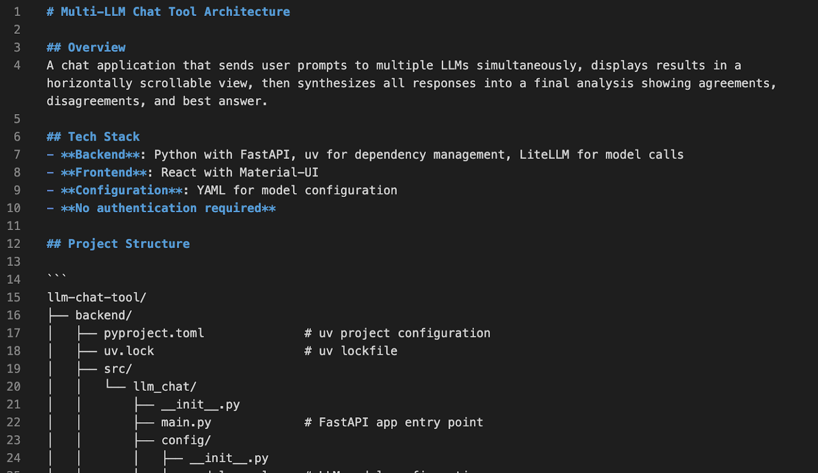 A screenshot of a document titled &lsquo;Multi-LLM Chat Tool Architecture&rsquo;, outlining the overview, tech stack, and project structure for the application.