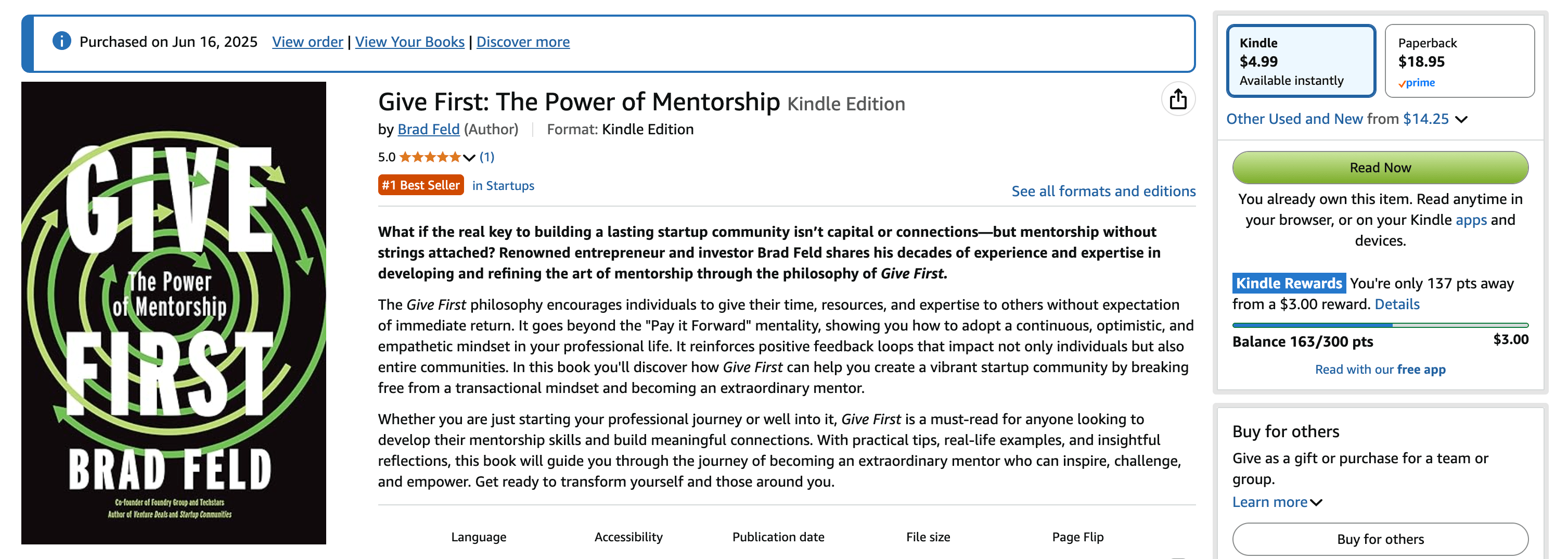 Cover of the book &lsquo;Give First: The Power of Mentorship&rsquo; by Brad Feld, featuring the title prominently with a star rating and &lsquo;Best Seller&rsquo; label.