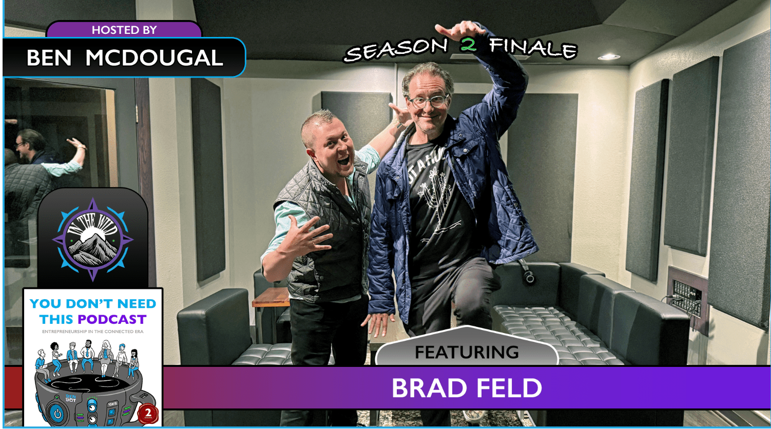 Ben McDougal and Brad Feld posing playfully in a recording studio during the season 2 finale of ‘You Don’t Need This Podcast’.