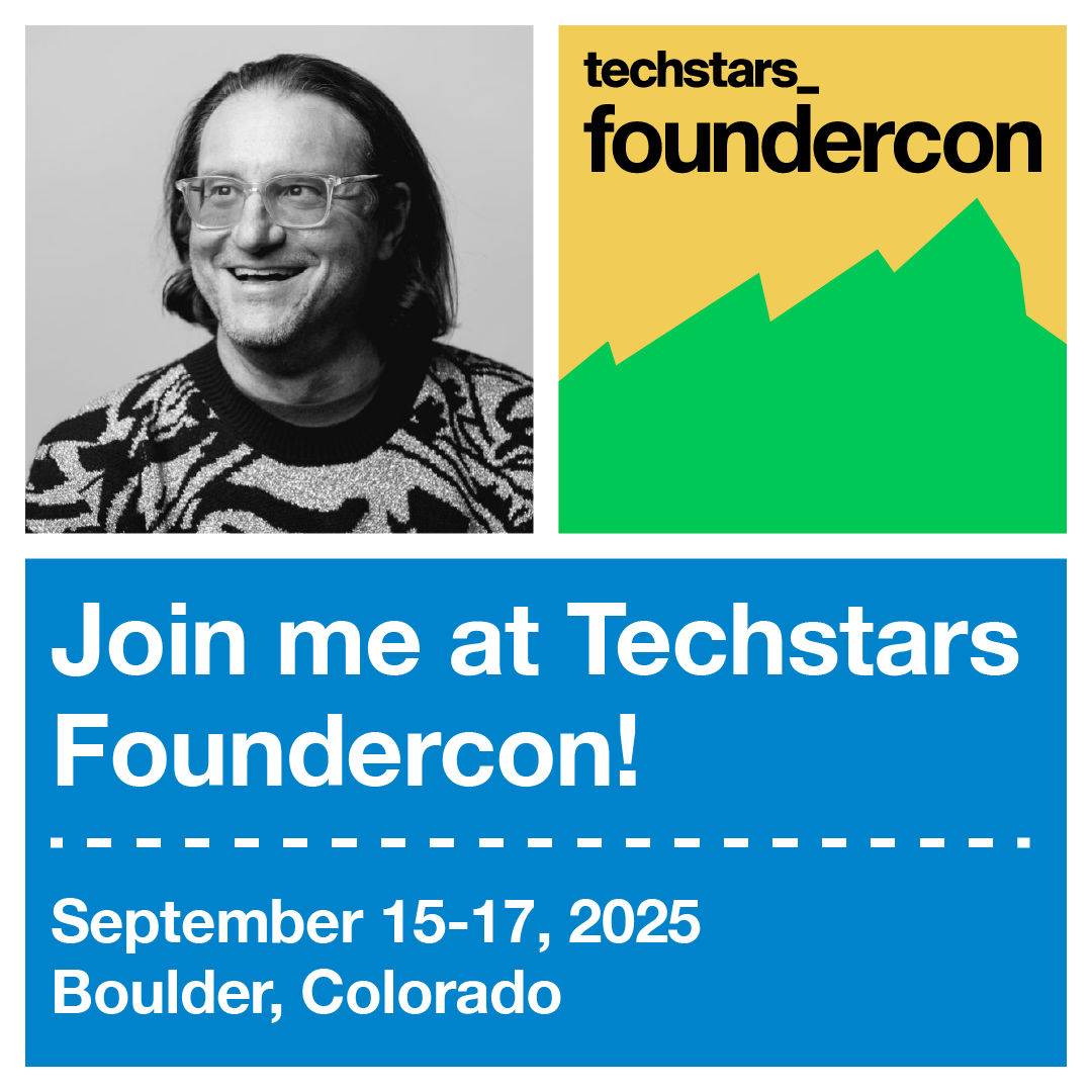 Promotional image for Techstars Foundercon featuring a smiling man with glasses, a patterned sweater, and event details. The event is scheduled for September 15-17, 2025, in Boulder, Colorado.