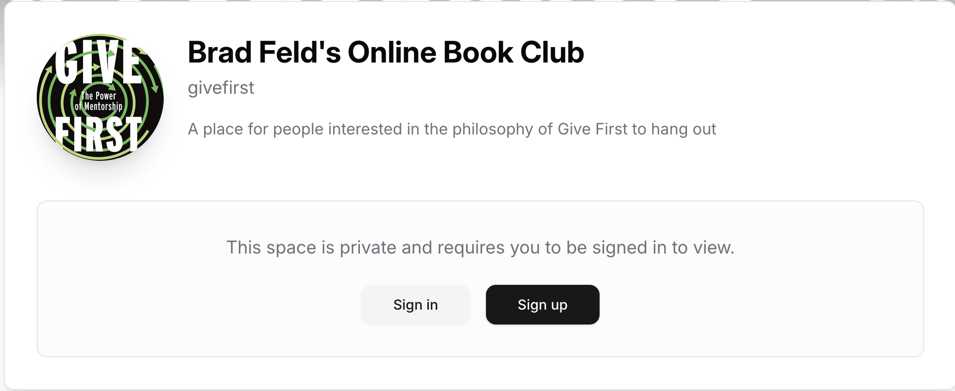 Screenshot of a webpage for Brad Feld&rsquo;s Online Book Club, featuring the title &lsquo;Give First&rsquo;, a description about the club, and sign-in options.