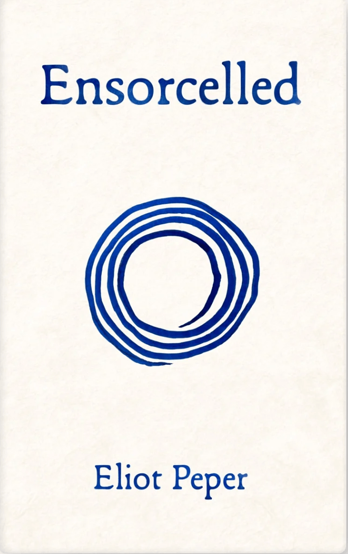 Book cover of &lsquo;Ensorcelled&rsquo; by Eliot Peper featuring a blue circular design on a cream background.