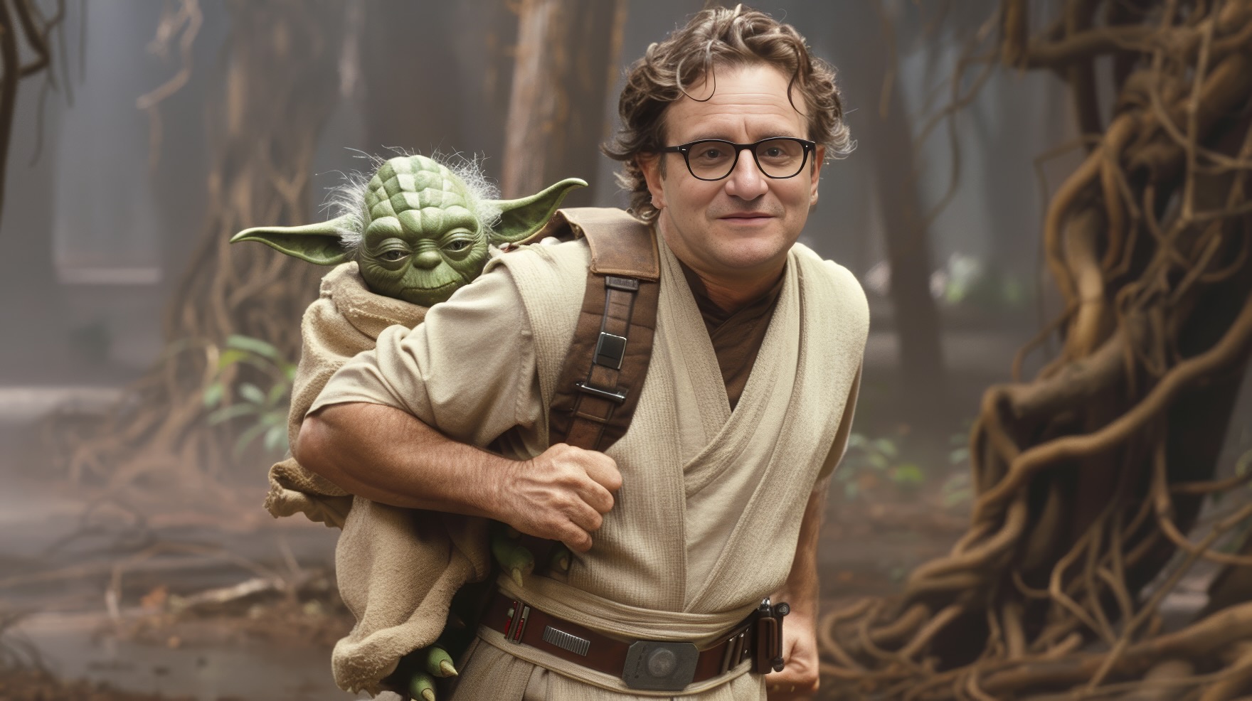 A person dressed as a Jedi carries a small green character resembling Yoda on their back, set against a forest backdrop with large trees and vines.