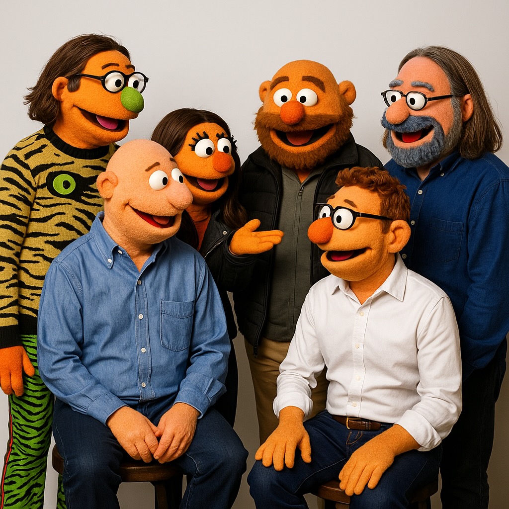A group of six puppets and their handlers posing together, showing friendly expressions. They are dressed in casual clothing, with a variety of colors and patterns among them, set against a plain background.