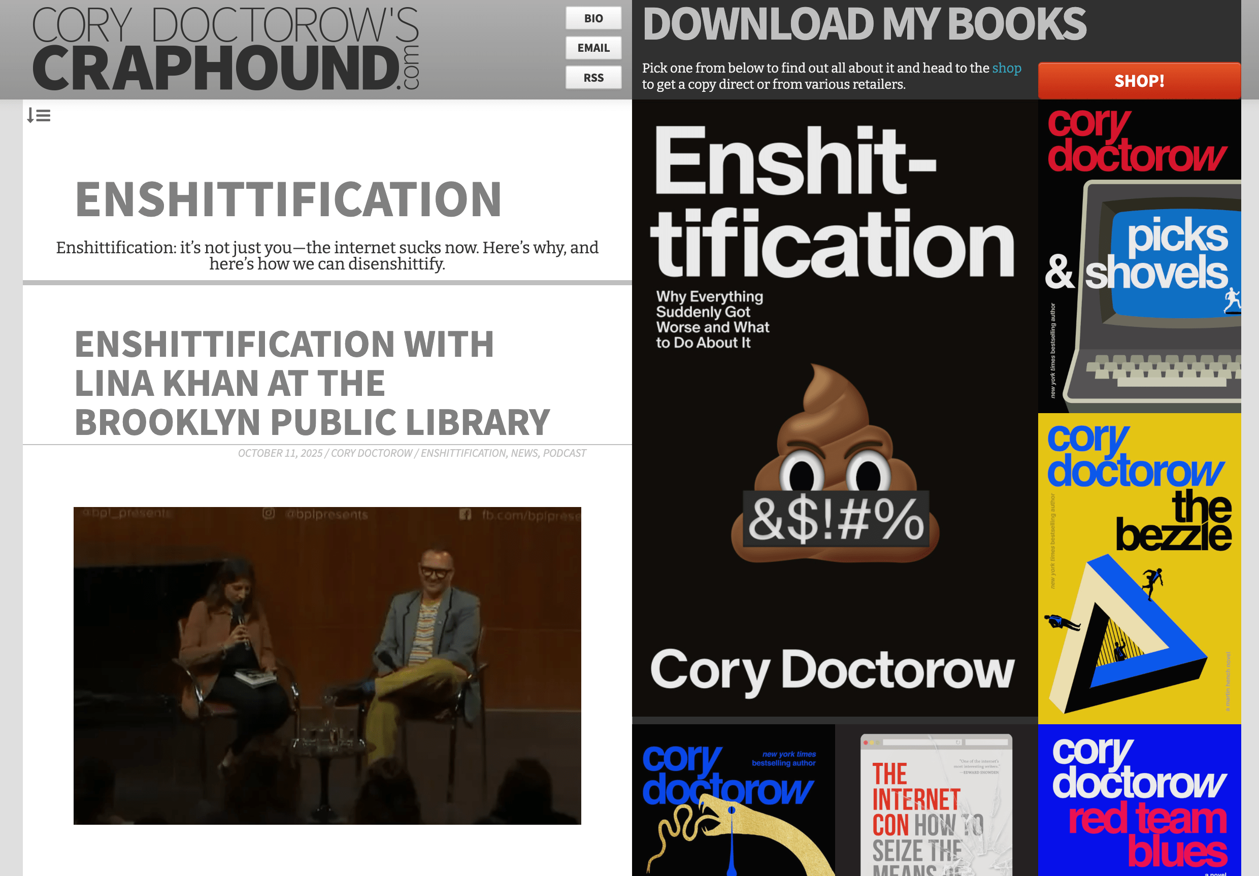 Screenshot of Cory Doctorow&rsquo;s website featuring the book &lsquo;Enshitification&rsquo; and a discussion event with Lina Khan at the Brooklyn Public Library.
