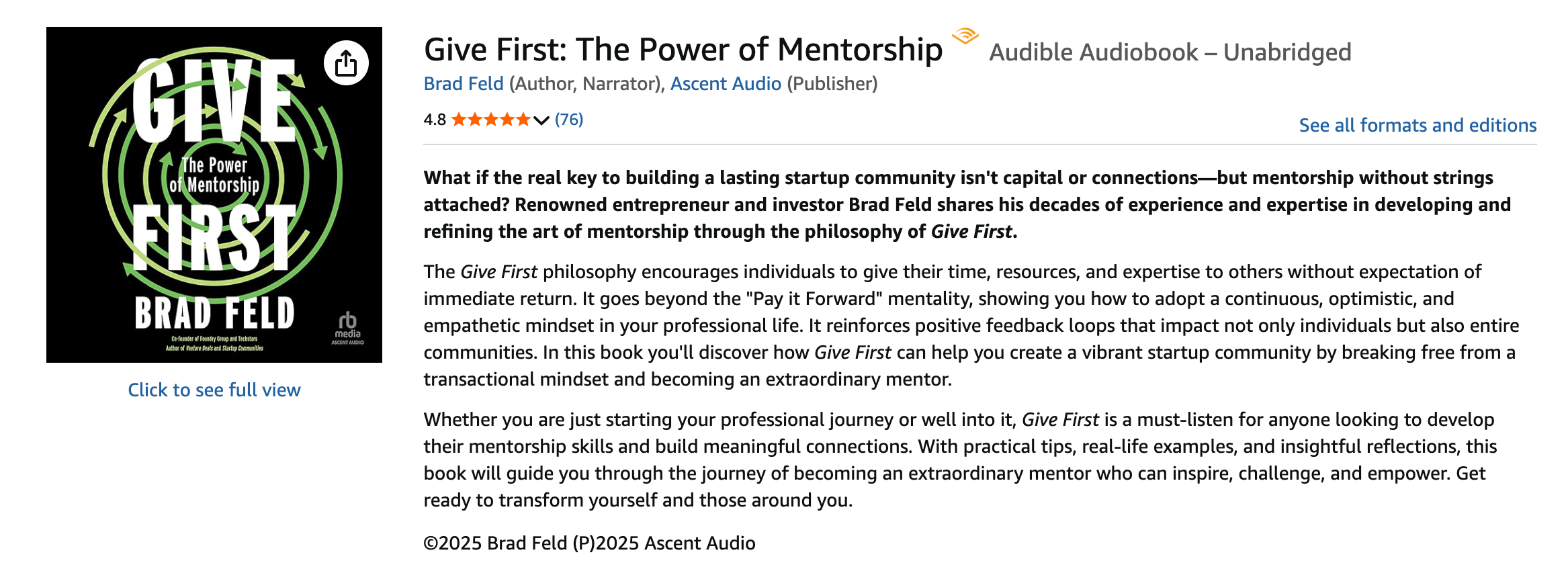 Cover image for the audiobook &lsquo;Give First: The Power of Mentorship&rsquo; by Brad Feld. The design features a green background with the title in bold white letters, an illustration of hands reaching out, and text detailing the book&rsquo;s focus on mentorship and community building.
