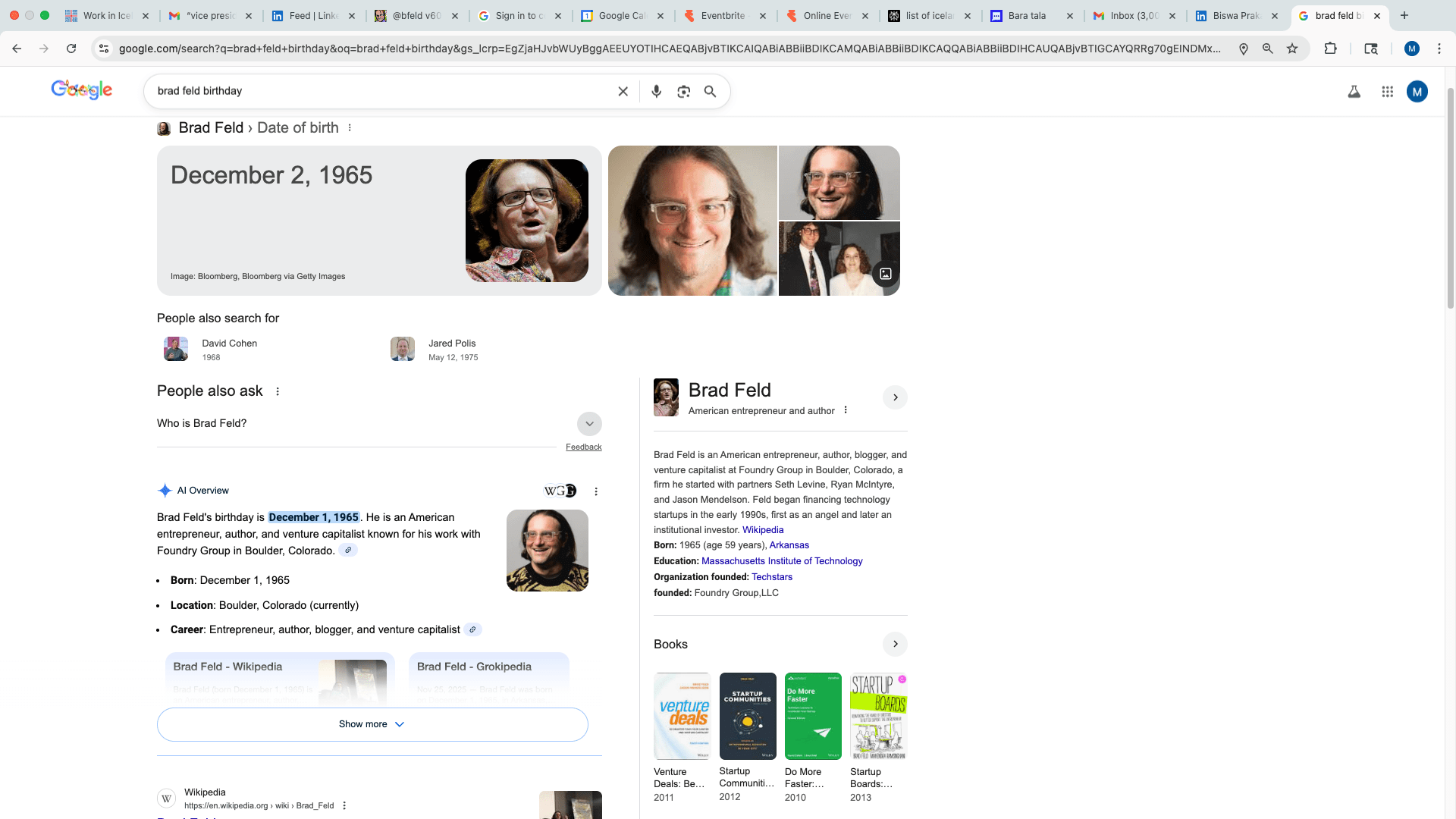 Screenshot of a Google search results page displaying information about Brad Feld, including his date of birth, notable works, and related searches.