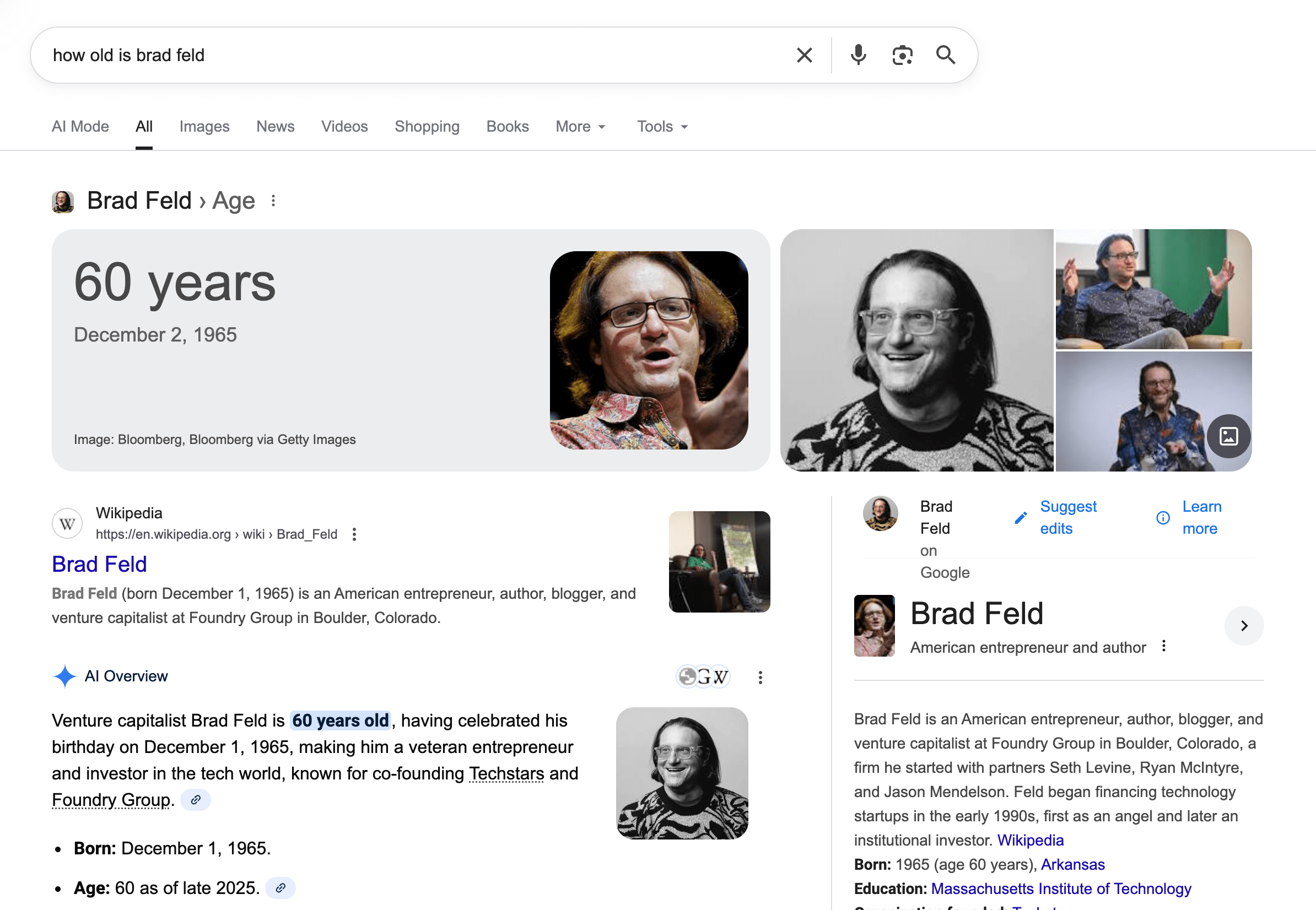 Search results for how old Brad Feld is, featuring his age of 60 years and birthdate of December 2, 1965.