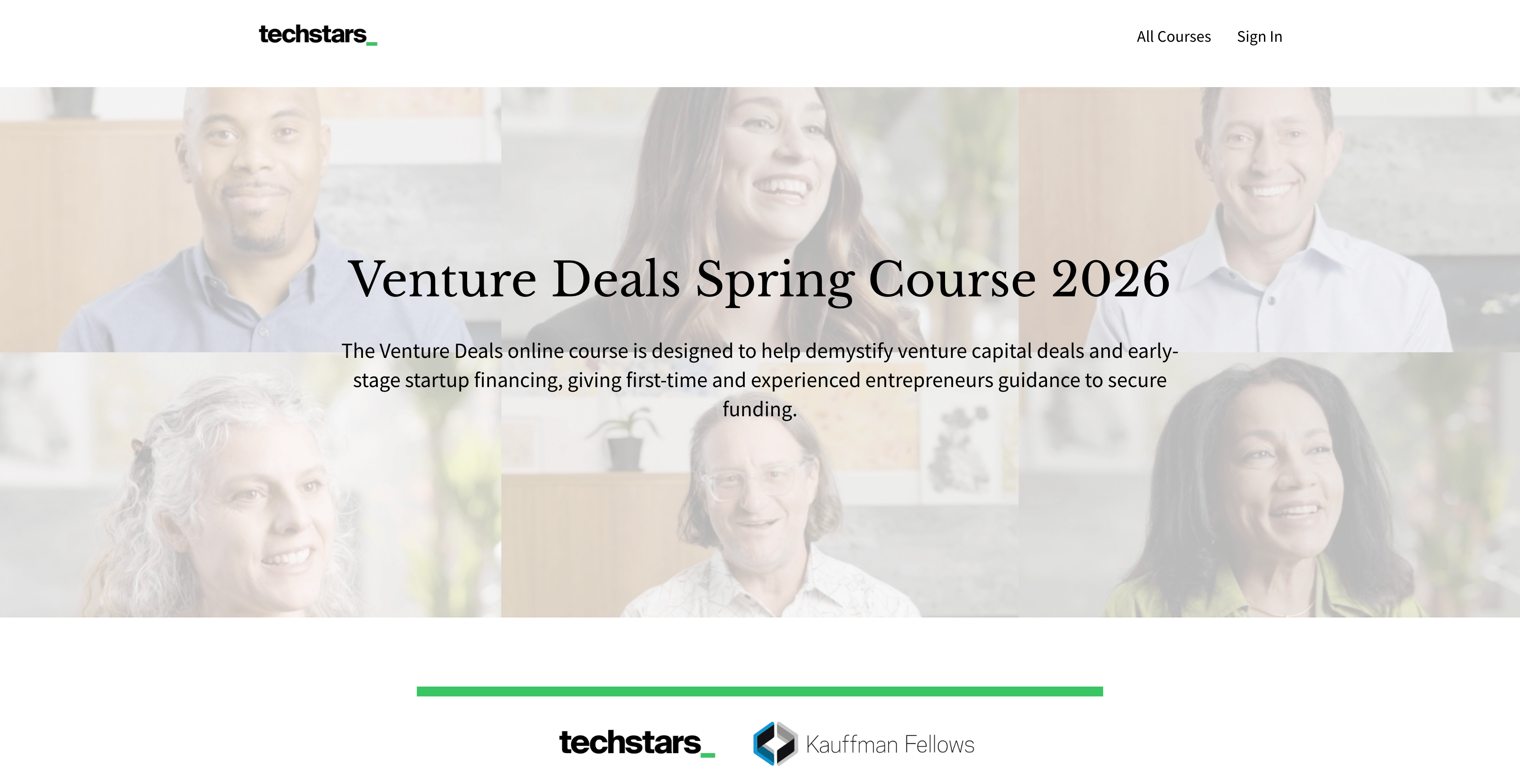 Homepage of the Venture Deals Spring Course 2026, featuring diverse smiling individuals and a description of the online course aimed at teaching venture capital and startup financing.