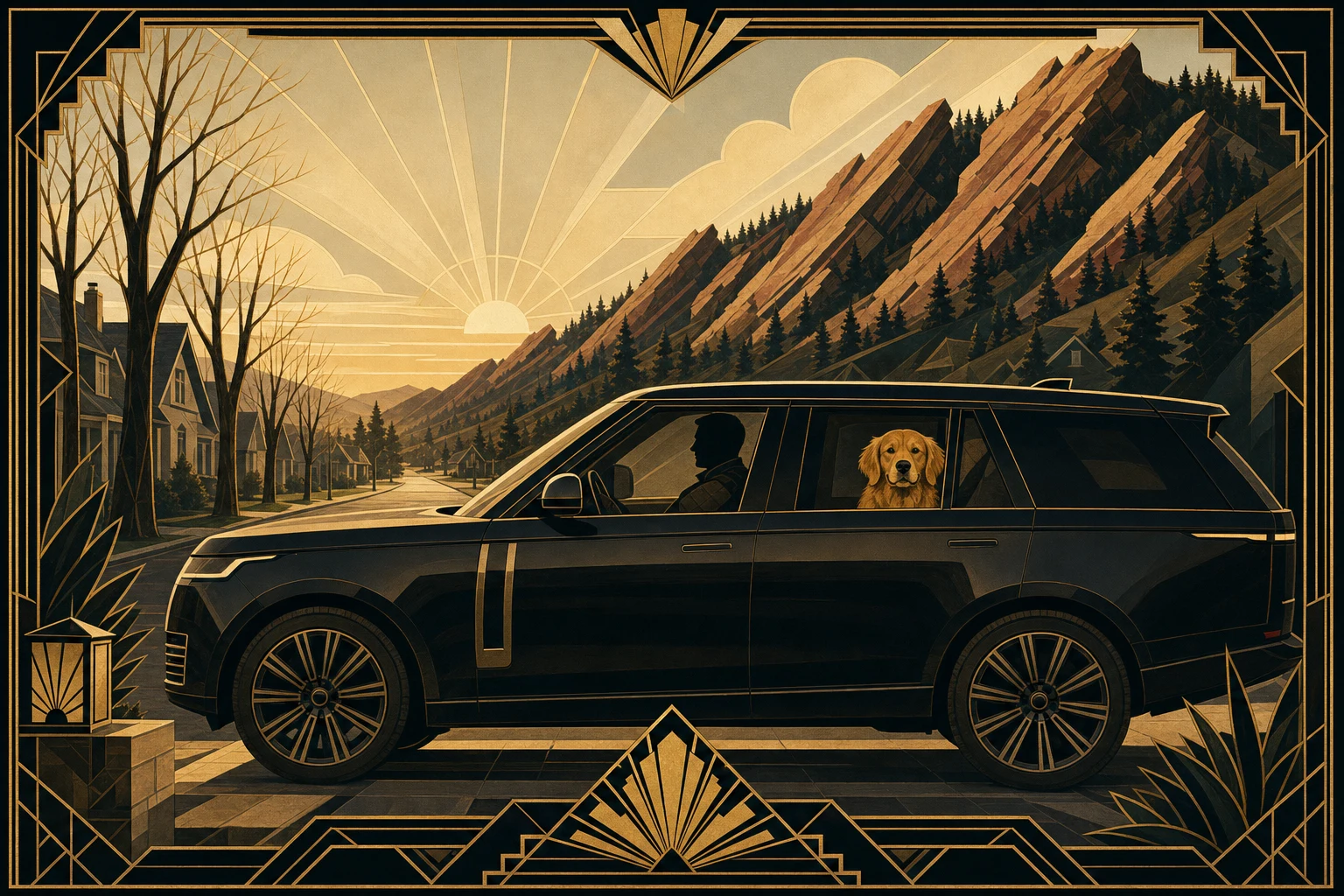 Seth driving through Boulder with Cooper in the back, the Flatirons at sunrise - the chapter-twenty plate, art deco style