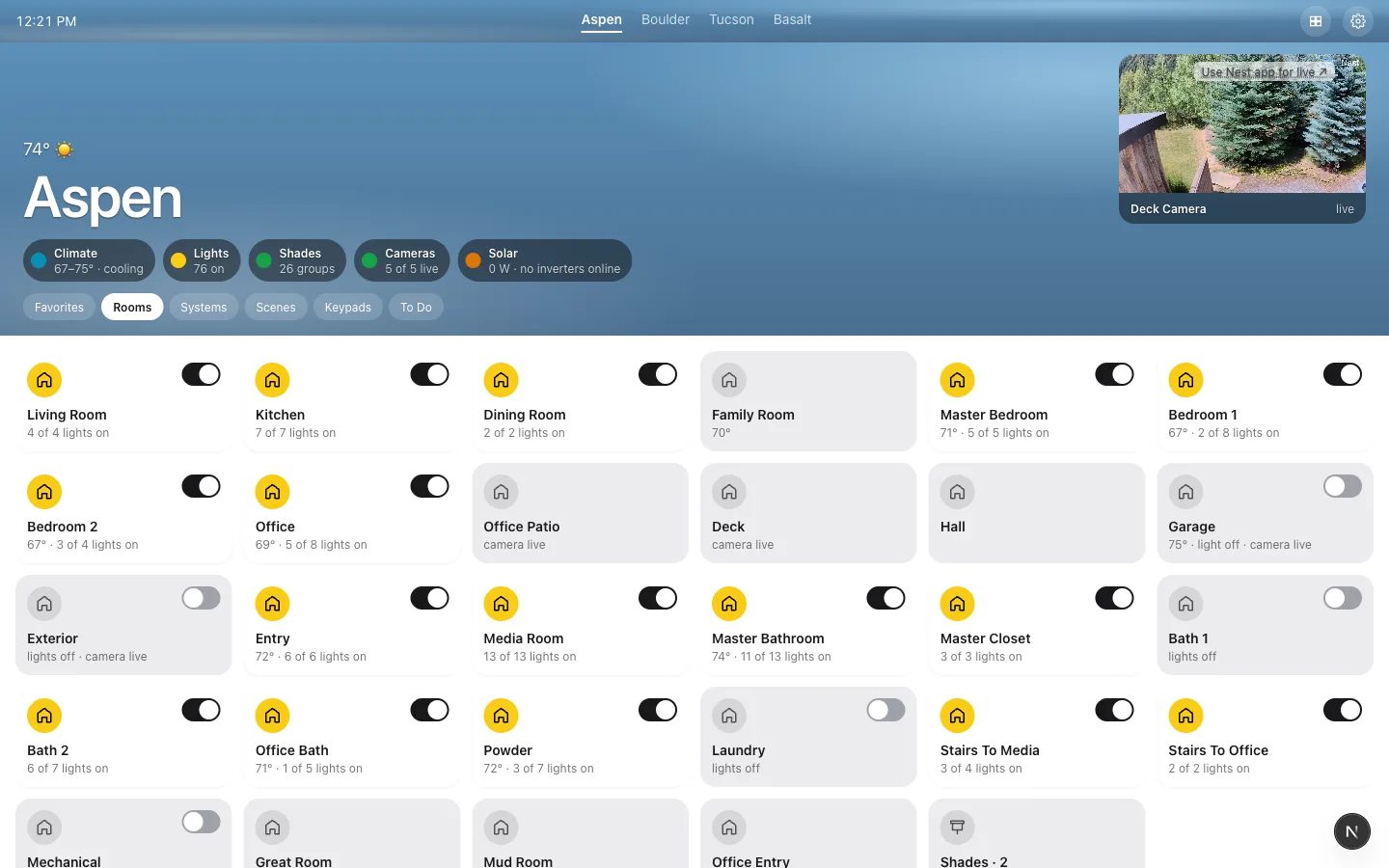 The Aspen page in Overwatch - a blue daylight wash behind the house name, badges for climate, lights, shades, cameras, and solar, a live Deck Camera thumbnail, and a grid of room tiles each showing its temperature and how many lights are on