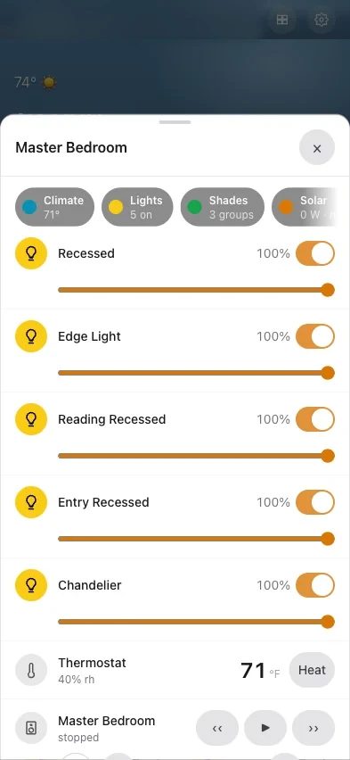 A master bedroom on a phone - five Lutron dimmers with sliders at 100 percent, a Nest thermostat reading 71 degrees, and the Sonos speaker for that room, all in one sheet