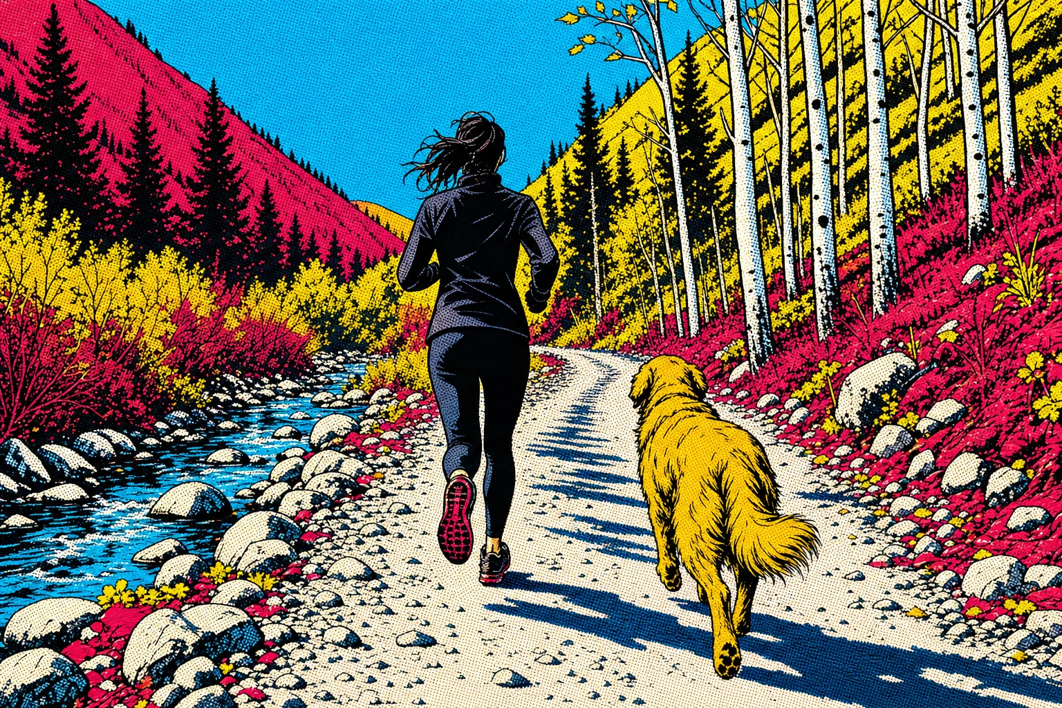 Samantha running down a gravel road beside a creek with Cooper trotting next to her, aspens on the slopes - the chapter 82 plate, pop art style