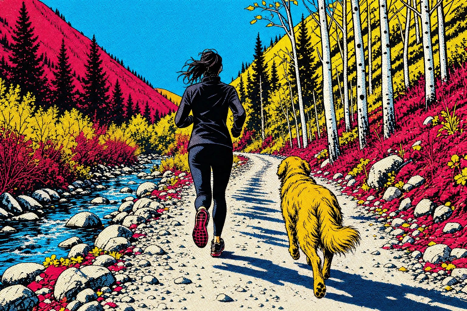 Samantha running down a gravel road beside a creek with Cooper trotting next to her, aspens on the slopes - the chapter 82 plate, pop art style