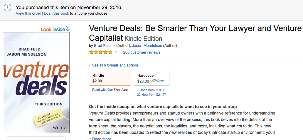 Venture Deals 3rd Edition Available via Kindle Matchbook - Brad Feld